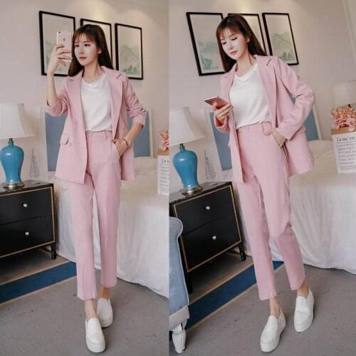 2 Piece Sets New Autumn Winter Womens Pant Suit Double Breasted Notched Blazer Jacket & Pant Office Wear Women Suit Female Sets