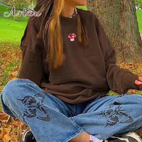 ArtSu Brown Hoodie Oversized Y2K Clothes Mushroom Long Sleeve Top Harajuku Hoodies Kawaii Cute Black Pullovers Women Sweatshirt