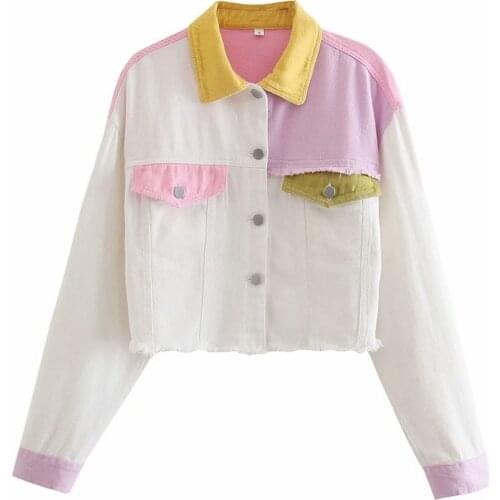 Womens Loose Denim Jacket,Female Flap Chest Pockets Long Sleeve Color Block Patchwork Button Down Jean Jacket