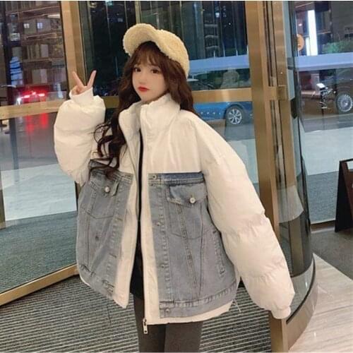 Denim Patchwork Down cotton Winter Jacket Womens 2021 New Korean Female Loose Thicken Warm Coat Plus Size Parka 3XL Casual Tops