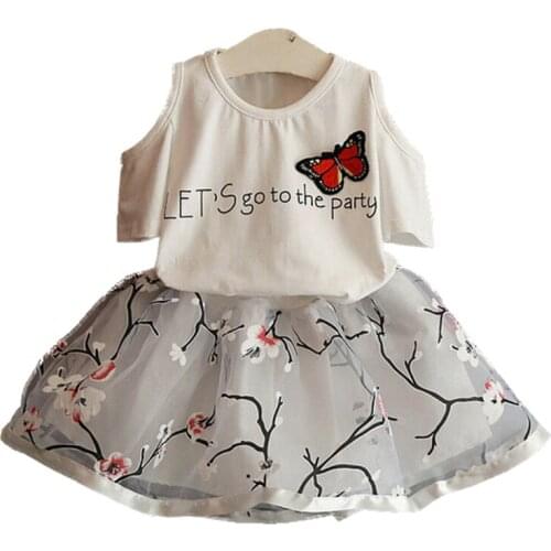 Summer Toddler Floral Baby Kids Girl Strapless Embroidered Butterfly T-shirt Tops+ Lace Skirt Dress Clothes Outfit Set