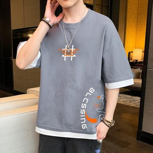 Summer Youth Cotton Short-Sleeved T-Shirt Casual Loose Version Fake Two Piece Letter Printing Mens&womens All-Match T-Shirt