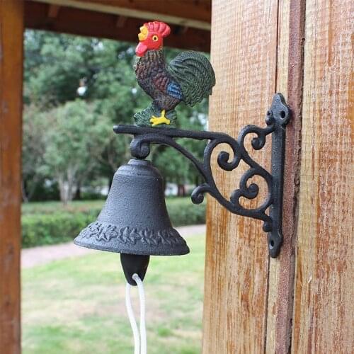 Small Hand Painted Rooster Wall Mounted Bell With Hand Cranking Hanging Charm Rope Country Accents Home Garden Welcome Door Bell