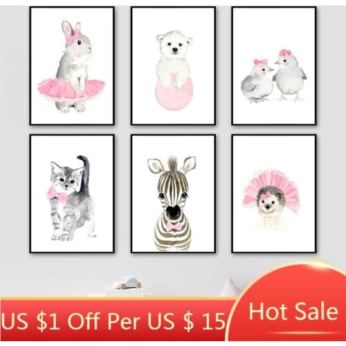 Cute Colorful Wall Art Canvas Painting Ballet Rabbit Bear Zebra Cat Nordic Posters And Prints Pictures For Kids Room Decor
