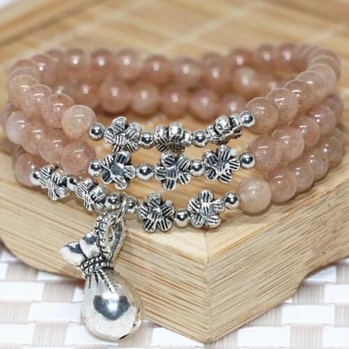 Fashion costume top quality strawberry 6mm round beads multilayer bracelets silver-color money bag pendant jewelry B2199