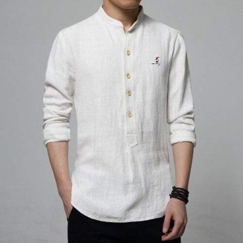 Brand Mens Linen Long-sleeved Shirt 2019 Autumn Luxury High-quality Embroidery Solid Color Shirt Male White Blue