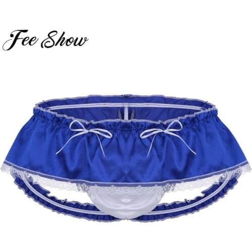 Sexy Mens Lingerie Soft Sissy Briefs Underwear Shiny Satin Ruffled 3 Bum Straps Skirted Panties Sissy Lace Trim Briefs Underwear