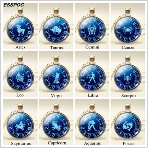 Zodiac Pendant Necklace 12 Zodiac Signs Glass Cabochon Chain Necklace Birthday Gift for Female Friend