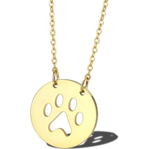 RIR Gold Animal Dog Pet Paw Necklace Stainless Steel Cute Dog Necklaces Paw Print Round Coin Pendant Jewelry For Women