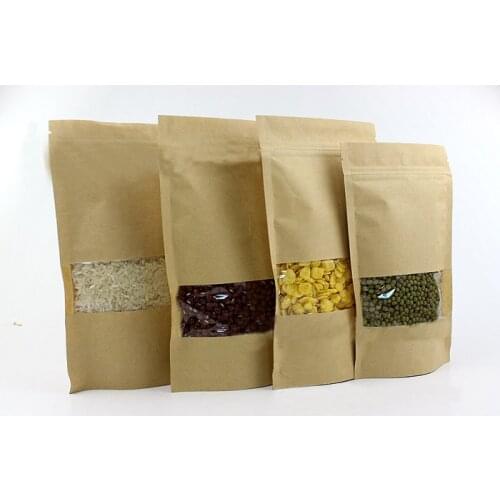 9*14+3 20pcs brown self zip lock kraft paper bags with window for gifts sweets and candy food tea jewelry retail packaging paper