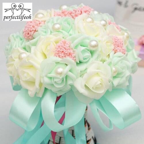 Perfectlifeoh Romantic Holding Flowers Sweet Rose with Pearls Birdal Bouquet Wedding Bouquets for Bridesmaids Flower Girl