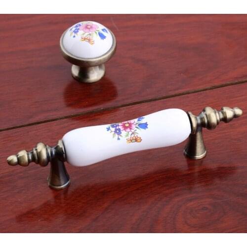 76mm Rustico rural blue flower ceramic kitchen cabinet cupboard door handles antique brass drawer tv table knobs pulls dresser