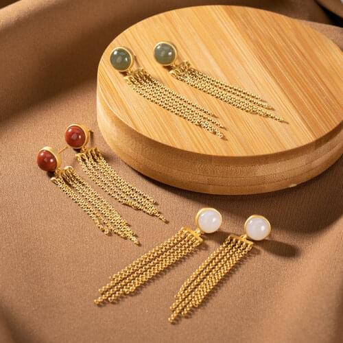 Silver natural Hetian chalcedony round Tassel Earrings Chinese style retro three color matching charming womens brand jewelry