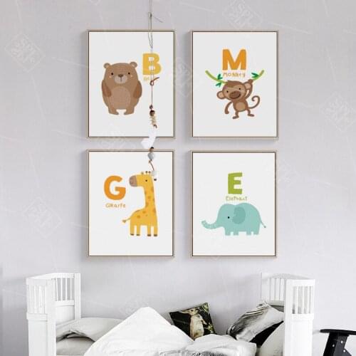 Nordic Minimalist Cute Cartoon Animals Canvas Painting English Alphabet Posters And Prints Wall Art Picture for Kids Room Decor