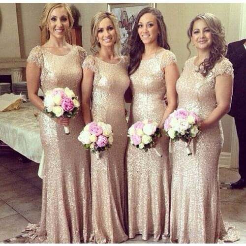 SuperKimJo Gold Sequin Bridesmaid Dresses Long Cap Sleeve Sparkle Mermaid Cheap Wedding Party Dresses Vestidos De Boda Invitada