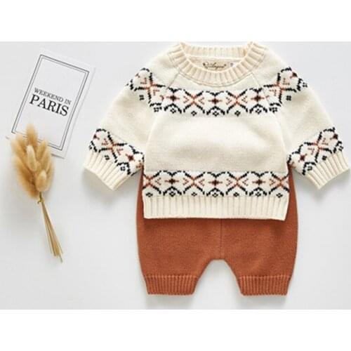 Vintage pattern embroidery long sleeve pullovers+shorts suit for boys clothing autumn winter cotton knitted clothes children