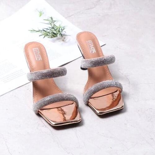 Womens Sandals Fashion All-Match 2021 Summer New Suede Golden Rhinestone Sexy Party High-Heeled Slippers 8.5CM