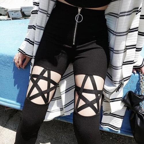 Girls Punk Gothic Pants Leggings Hollow Out Five-Pointed Star Trousers Women Clothing Summer Slim Women Pants