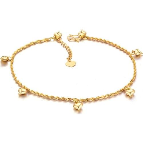 Womens Anklet Chain Gold Filled Solid Beach Foot Chain Link with Heart Design For Lady Classic Style Sexy Jewelry 25cm Long