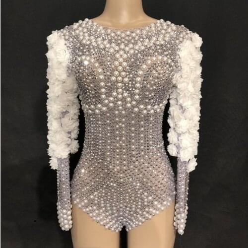 Womens New Sparkly Rhinestones Pearls Bodysuit White Flowers Birthday Celebrate Stage Singer Dance DJ DS Show Nightclub Leotard