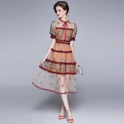 2021 Summer Women Elegant See Through Mesh Flower Embroidery Stitching Lace Trims High Waist Sweet Bow Party Long Dresses