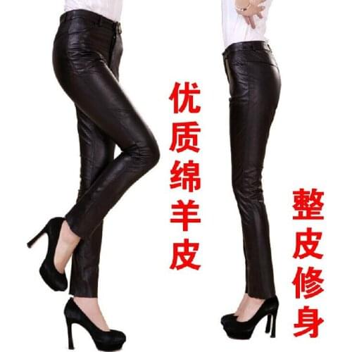 25-32 ! Womens Genuine Leather Sheep Skin Leather Pants Long Pencil Pants Plus Size Trousers Slim Package Hip Slim Hip