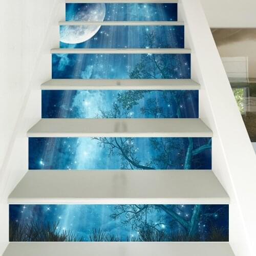6pcs/13pcs 3D Night Scenery Stair Stickers Home Decor Living Room Restaurant DIY Adhesive Vinyl Floor Wallpaper Stairway Decals