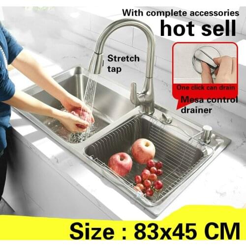 Free shipping standard tabletop control drainer large kitchen sink 0.8 mm food grade 304 stainless steel hot sell 83x45 CM