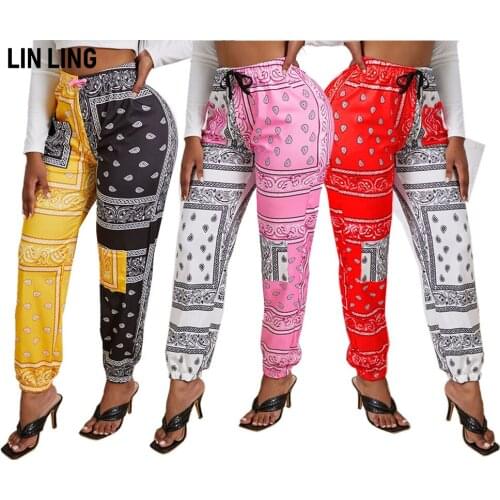 LINLING Print Pattern Contrast Fashion Pants Spring Waist Lace Up Double Pocket Loose Necked Pencil Trousers