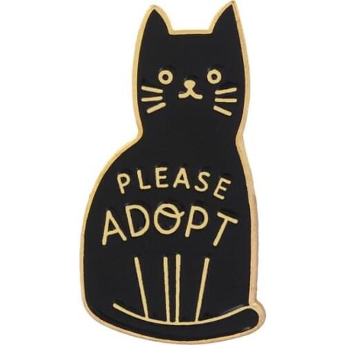 Black Enamel Cat Brooches Button Pins for clothes bag Please Adopt The Badge Of Cartoon Animal Jewelry Gift for friends