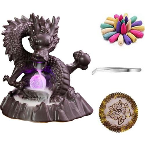 Chinese Dragon Backflow Incense Burner Ceramic LED Lamp Backflow Incense Burner Home Decor Incense Holder With 50 Incense Cones