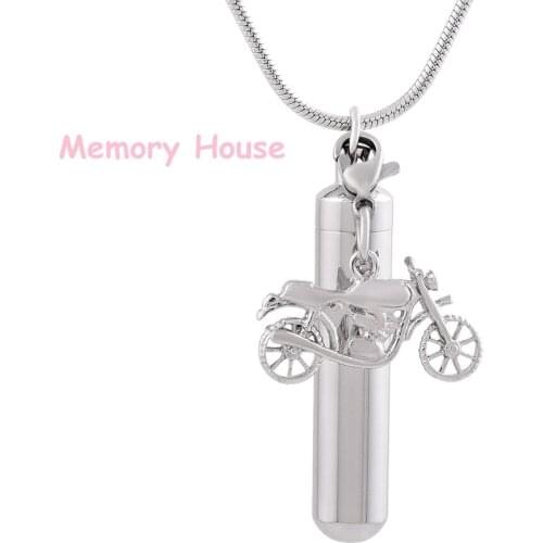 IJD9871 With Motorcycle Charm Cylinder Urn Necklace Hold Human/Pet Ashes Keepsake Cremation Locket Necklace -Stainless Steel
