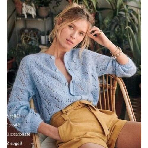 New French Niche Mohair Knitted Button Cardigan Womens Hook Flower Hollow Loose Wool Coat Padded Top