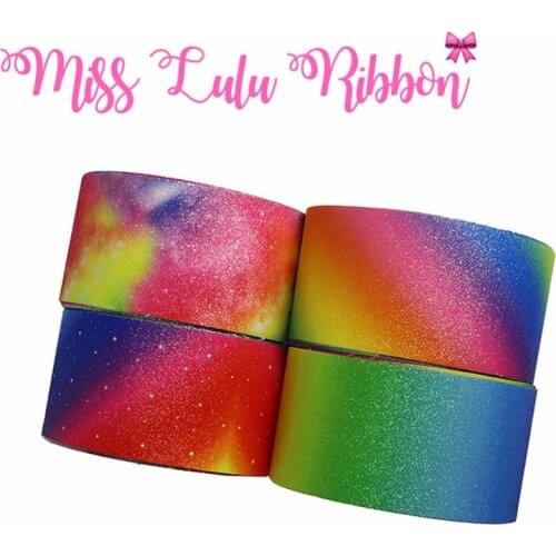 3"75mm Gradient Rainbow Color Galaxy Star Shiny Glitter Leather Fabric Ribbon DIY Gift Bowknots Hair Band Making 50yards/roll