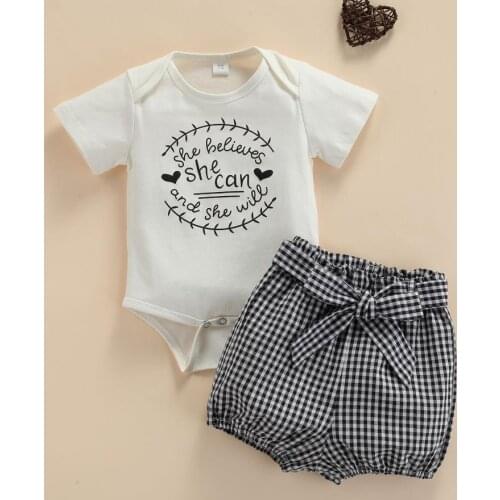 Baby Girls 2PCS Summer Outfits Short Sleeve Letter Print Bodysuit Plaid Shorts Set Casual Cotton Babys Sets