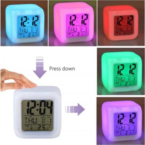 Multifunction 7 Color Change LED Digital Alarm Clock With Date Alarm Thermometer Desktop Table Cube Alarm Clock Night Glowing