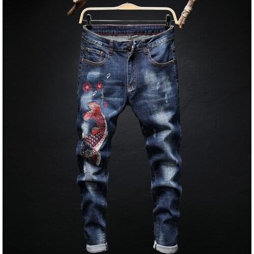 JeansFish Embroidery Bleached Men Full Length Casual Washed Male Denim Distressed Casual Slim Straight Floral