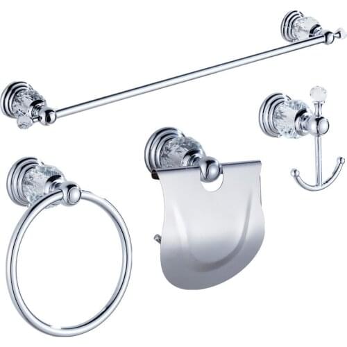 Chrome Crystal and Brass Bathroom Accessories Sets Wall Mounted 4 Pieces towel bar/ towel hook/ towel ring / toilet paper holder