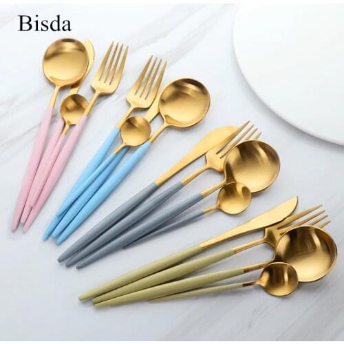 Luxury Dinnerware Set 18/10 Stainless Steel Flatware Set Matte Gold Tableware Knives Fork Set Western Food Set