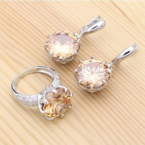 925 Silver Jewelry Set Vintage Ring Earrings Champagne Cubic Zirconia Classic Ring Jewellety for Women