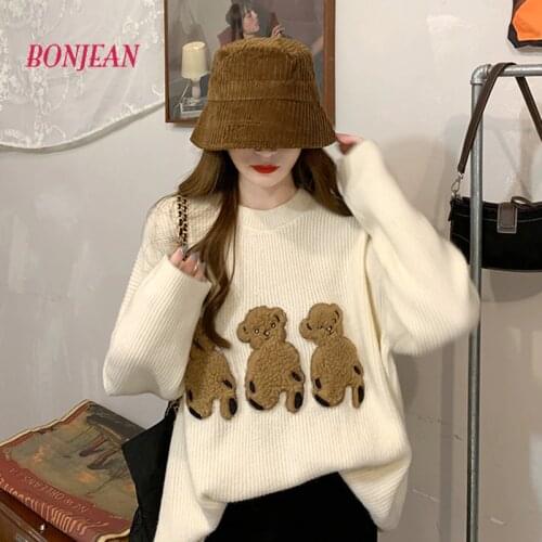 2020 New Harajuku Bear Sweater Women Wear Loose Korean Knitted Sweater Oversized Pullover Long Sleeve Christmas Jumper