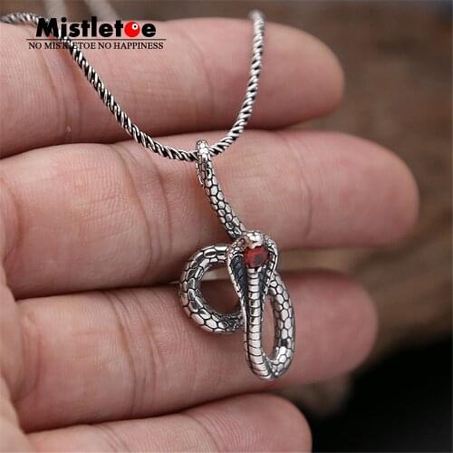Genuine 925 Sterling Silver Vintage Punk Locomotive Animal Cobra Snake With Red CZ Pendant For Women Men Necklace Jewelry Thai