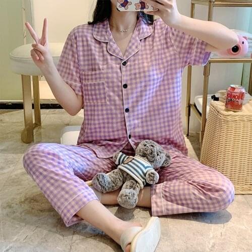 Korean Plaid Print Pajamas Set for Women summer Lovely Button Lapels Girls Nightwear Loose Casual Short Sleeve Top and Long Pant