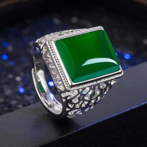 Luxury Ethnic Geometric Grade A Natural Green Jade Chalcedony Rings Men Silver 925 Wedding Party Men Ring Retro Fine Jewelry
