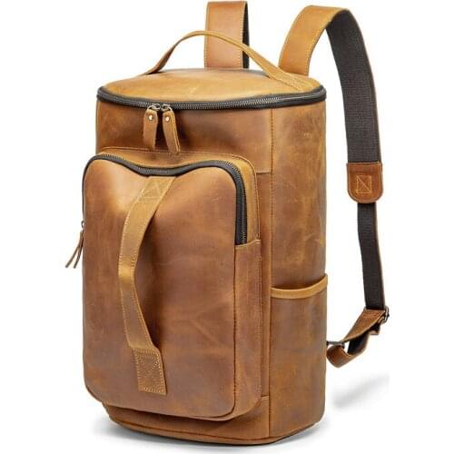 Luxury Vintage Natural Crazy Horse Leather Cylinder Men Backpack