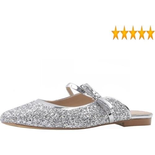 Elegant Ladies Shiny Sequins Summer Women Slip On Loafers Bowknot Sandals Round Toe Outside Slide Casual Flats Slippers