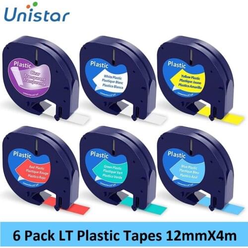 Unistar 6 Pack Compatible for DYMO Letratag Label printer Mixed Color 91200 91201 91202 91203 91204 91205 LT plastic label tape