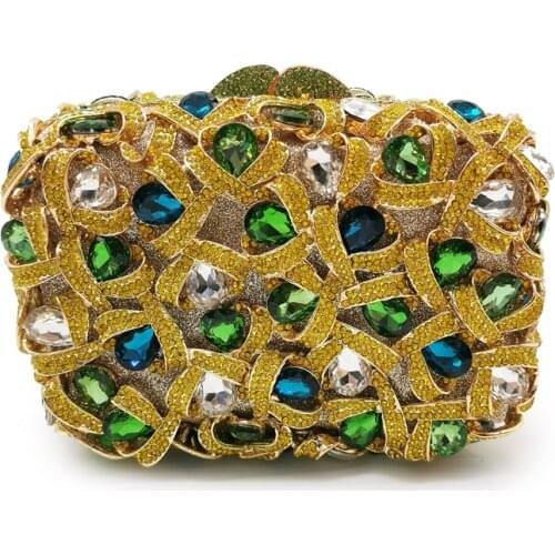 High Quality Blue/Green Color Rhinestone Crystal Clutch Bag Evening Purse Diamond Prom Shoulder Handbags Mini Chain Minaudiere