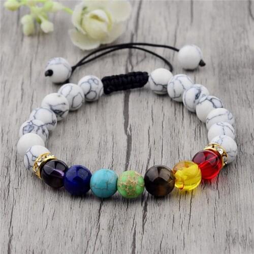 DOUVEI 2018 Handmade Jewelry 7 Colorful Chakra Natural Stone Beads Yoga Bangle Alloy Metal Bracelet For Women Men ABK012