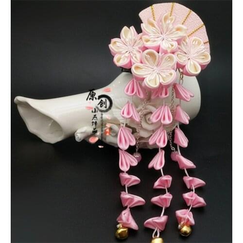 Tsumami Kanzashi Zaiku Fan Sakura Hair Clip Traditional Japanese Kimono Flower Hairpin Yukata Tassel Side Clip Accessory Geisha